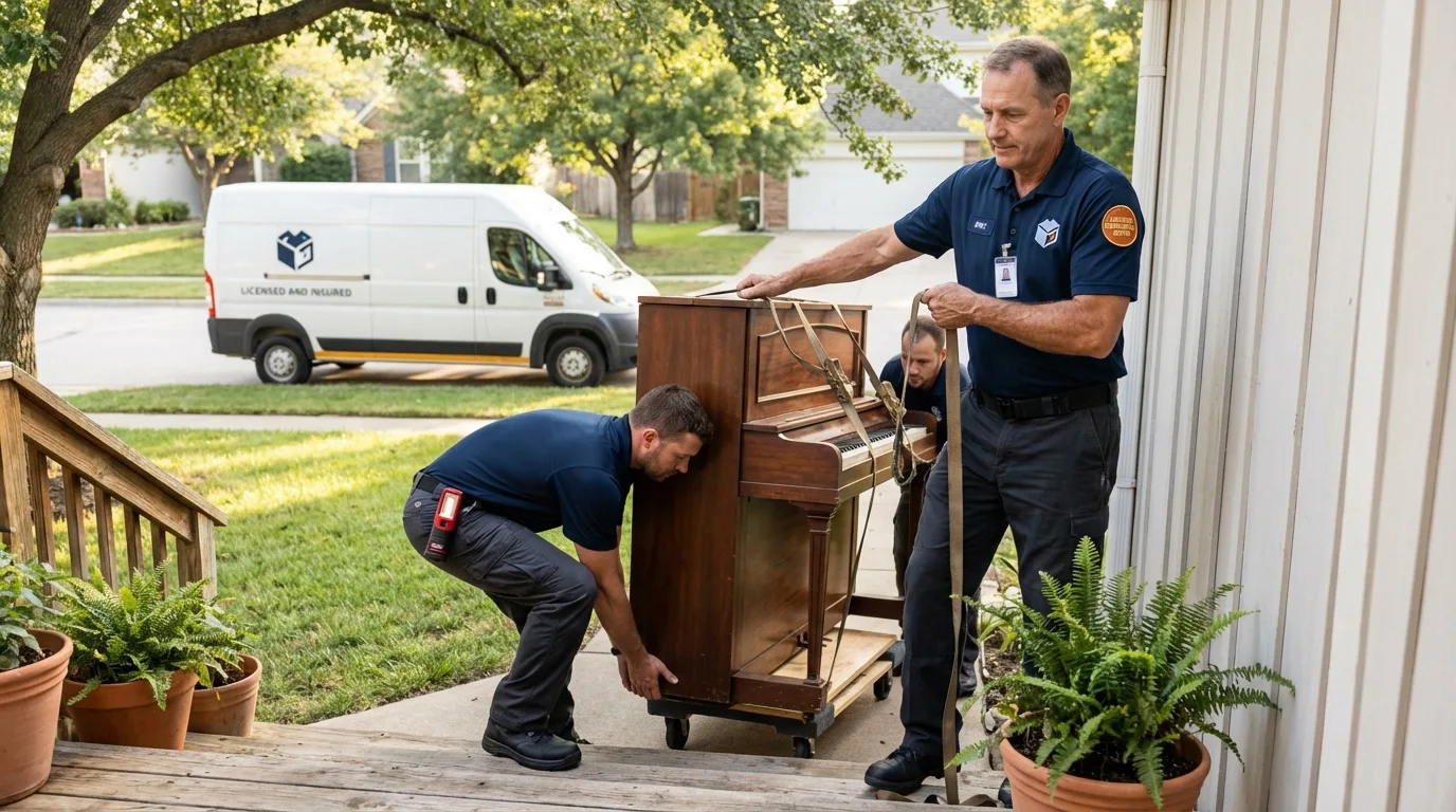 Licensed piano movers securing grand piano in West Liberty, OH