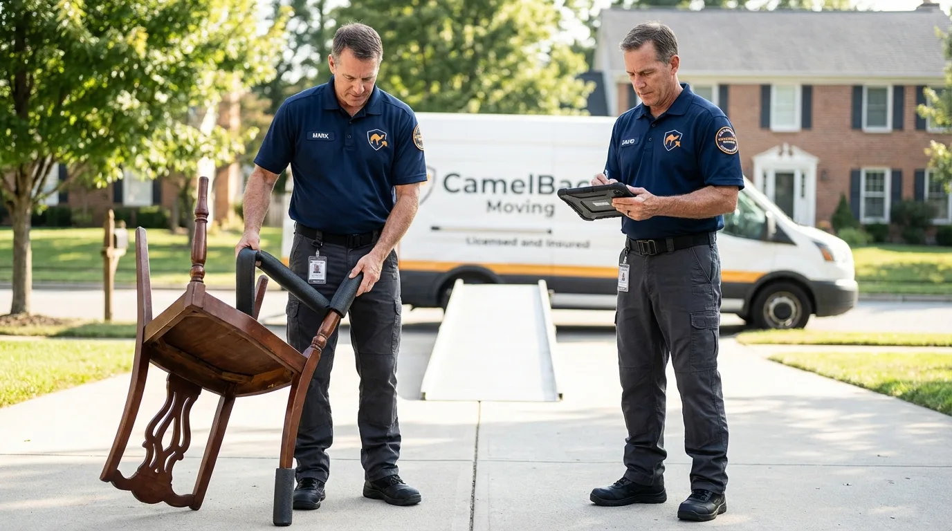 Movers inspecting furniture for damage prevention before loading in West Liberty, OH