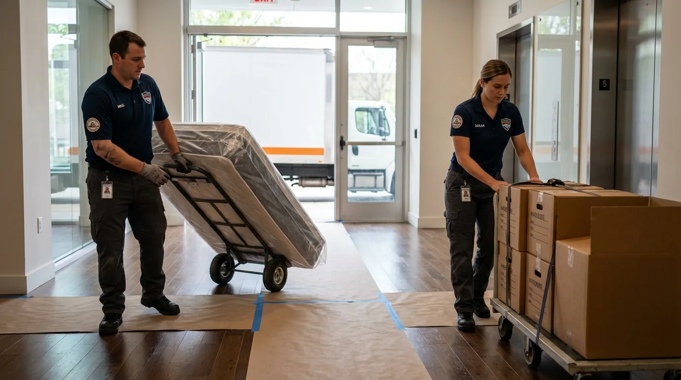 Professional apartment movers loading elevator in West Liberty, OH