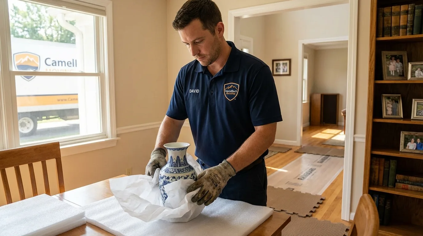 Professional crew carefully wrapping antique vase for senior downsizing move in West Liberty, OH